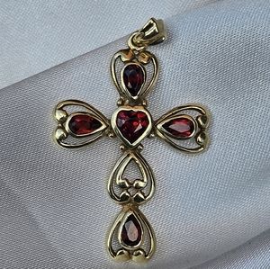 10kt Gold Garnet Heart Cross Pendant